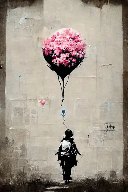 Decorbites™ banksy boy girl balloon canvas print featuring vibrant pink floral balloon above silhouetted child