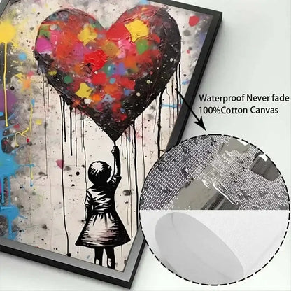 Decorbites™ banksy boy girl balloon canvas print featuring a vibrant splattered heart on 100% cotton canvas