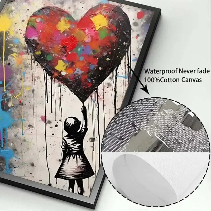 Decorbites™ banksy boy girl balloon canvas print featuring a vibrant splattered heart on 100% cotton canvas