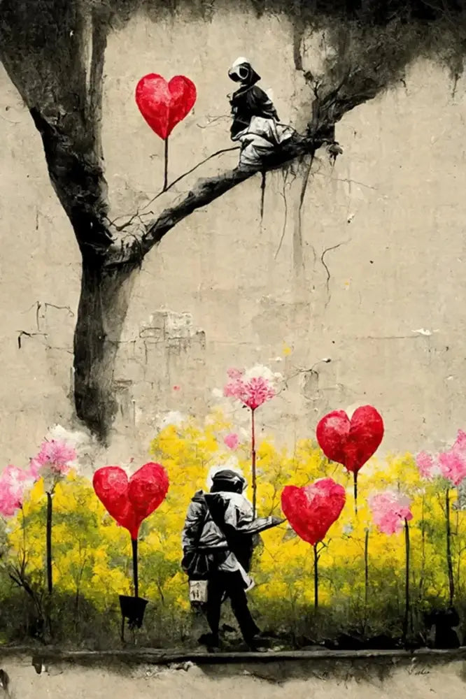 DecorBites™ Banksy boy girl balloon canvas print featuring black-and-white figures with red heart balloons on gray wall