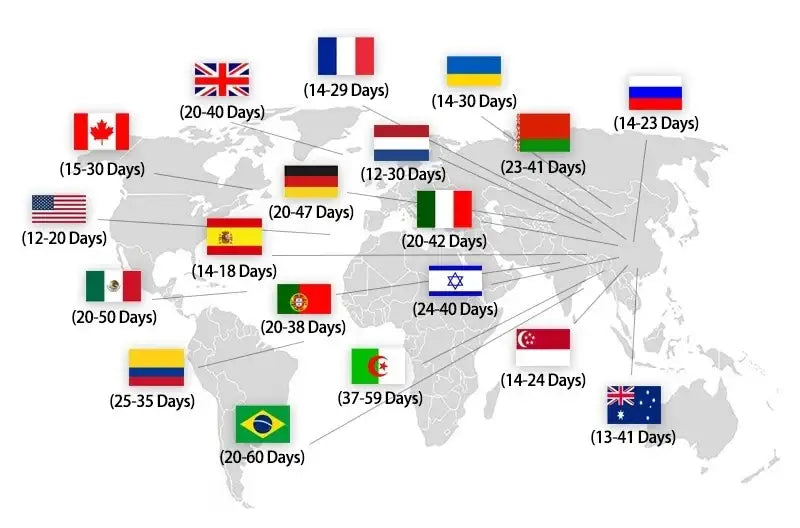 World map infographic showing estimated delivery times by country for DecorBites™ boy girl balloon canvas print