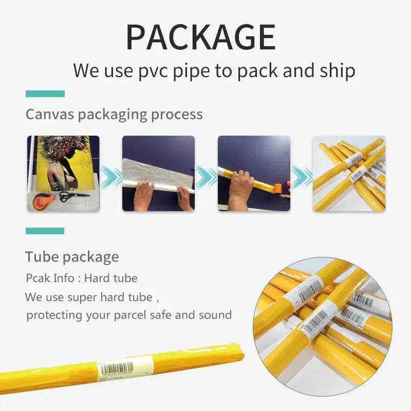 Yellow pvc pipe packaging tubes with white labels and barcode for decorbites banksy boy girl balloon canvas print