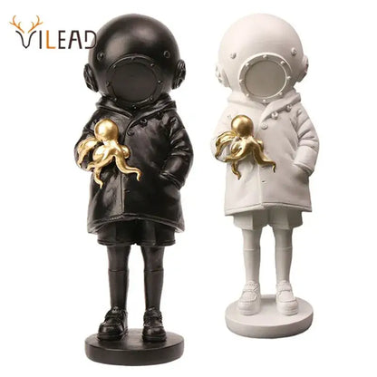 Banksy deep diver black and white resin sculpture featuring astronauts holding golden octopuses for living room decor