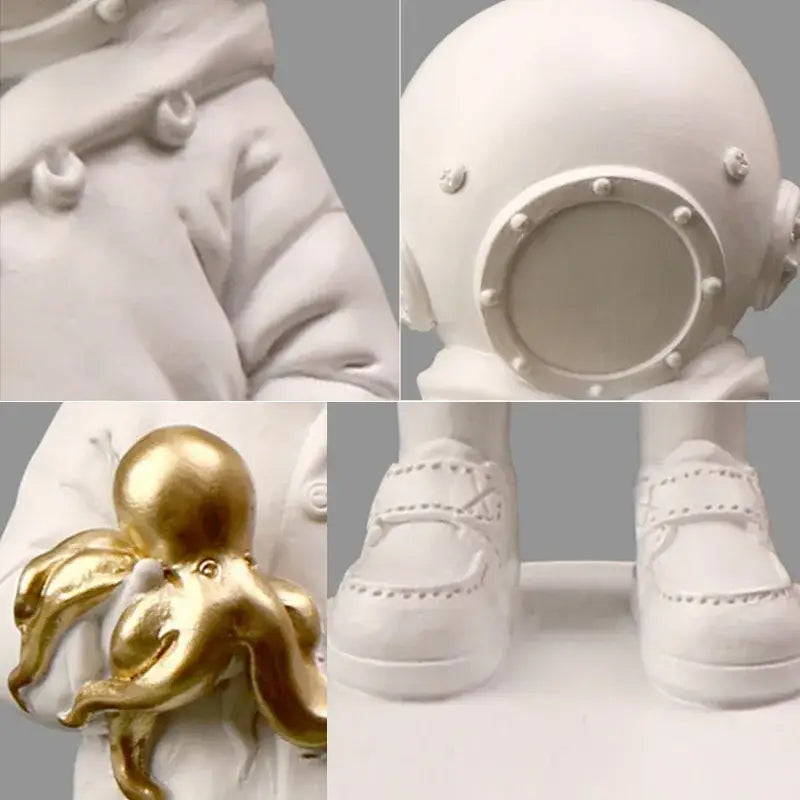 White astronaut figurine holding golden octopus banksy deep diver black and white resin sculpture for living room decor