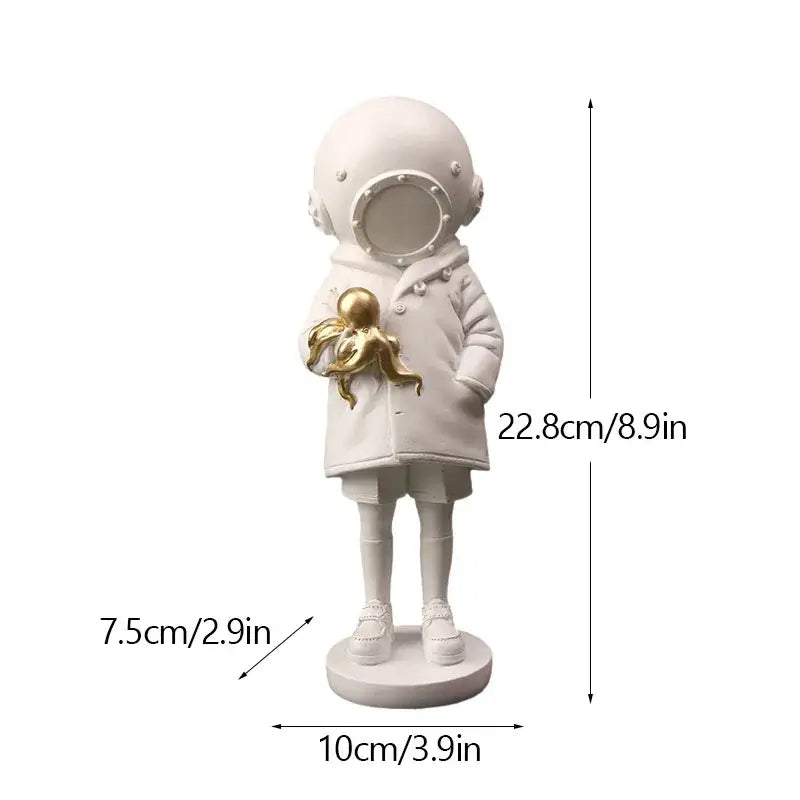 White resin astronaut figurine holding golden octopus from banksy sculpture collection black and white decor