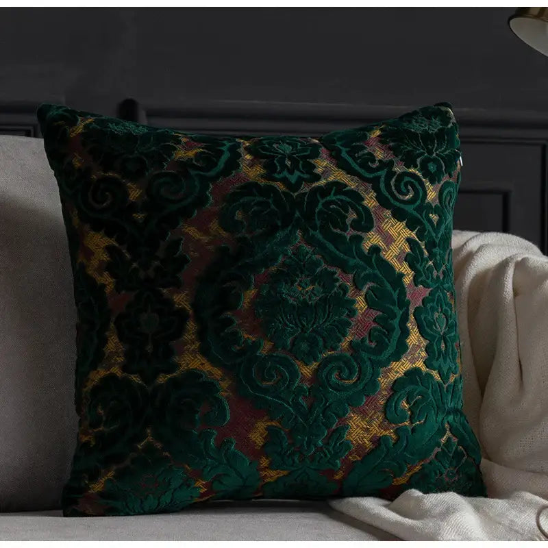 Deep emerald green velvet cushion cover with intricate gold and burgundy decorbites damask cut embroidery for living room decor
