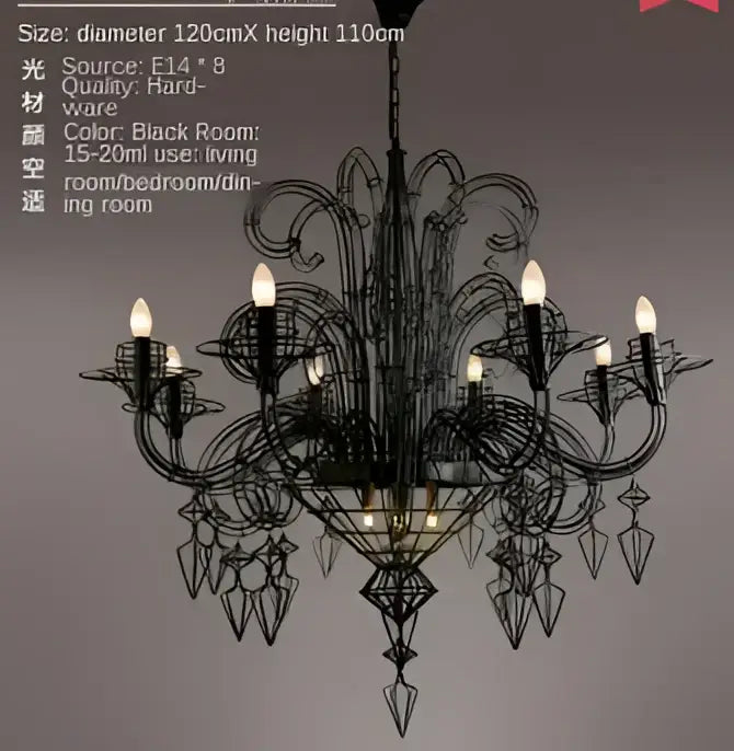 Decorbites baroque black candle chandelier with eight candle-style lights and crystal accents for living room decor