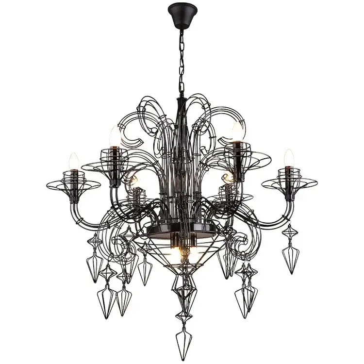 Baroque black candle chandelier by decorbites with intricate wrought iron and geometric crystal pendants for living room decor