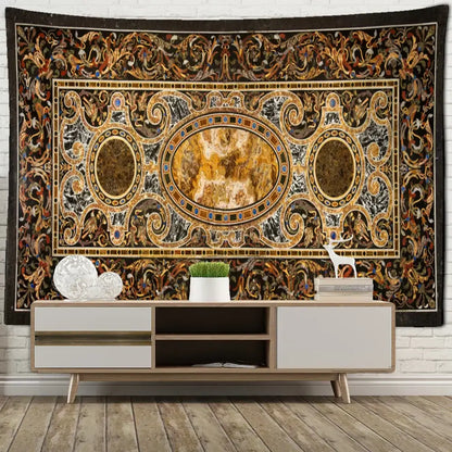 Ornate gold and black baroque style astrology tapestry wall hanging on white brick wall for bohemian style decor