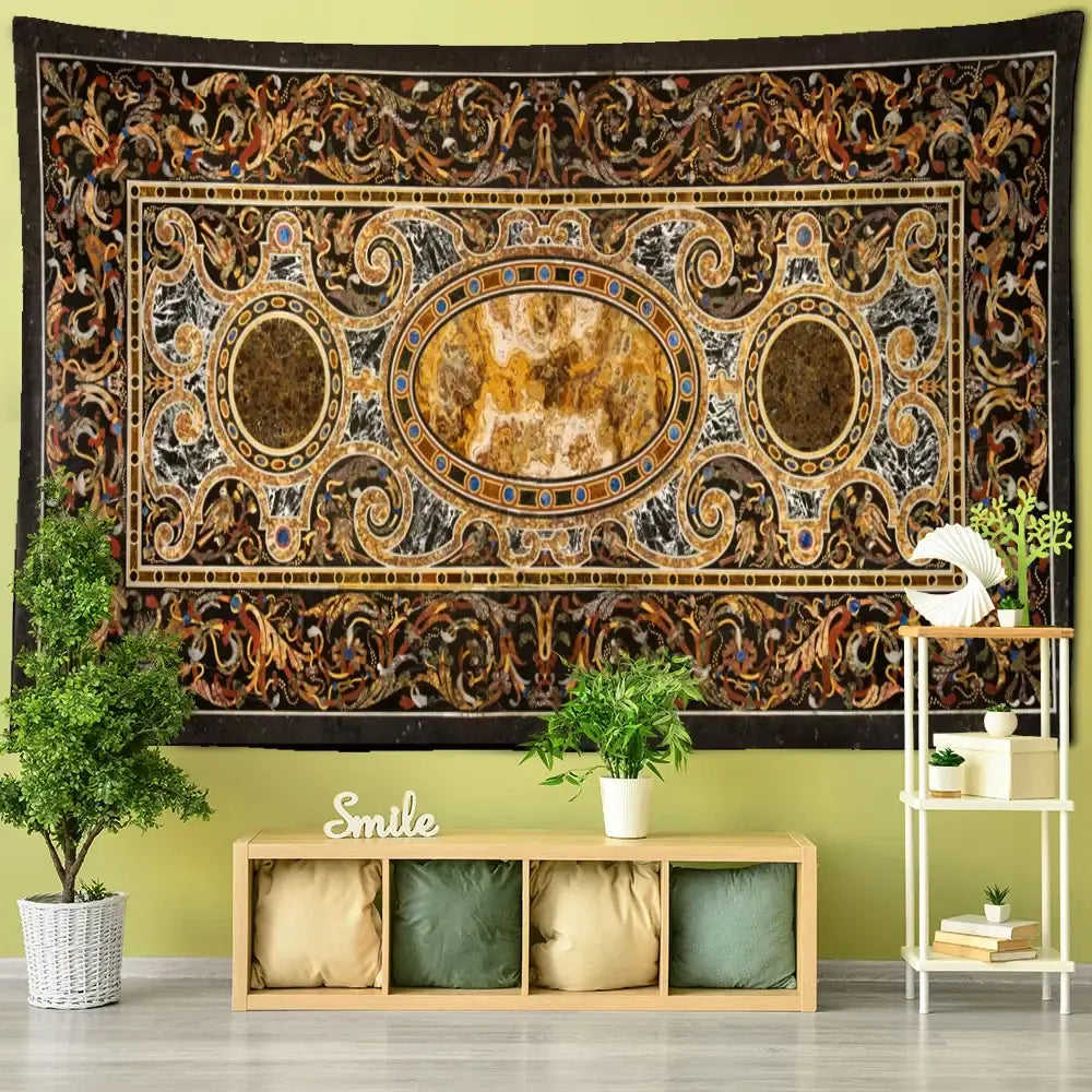 Ornate black and gold baroque style astrology tapestry wall hanging featuring intricate patterns for bedroom decor