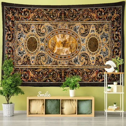 Ornate black and gold baroque style astrology tapestry wall hanging featuring intricate patterns for bedroom decor