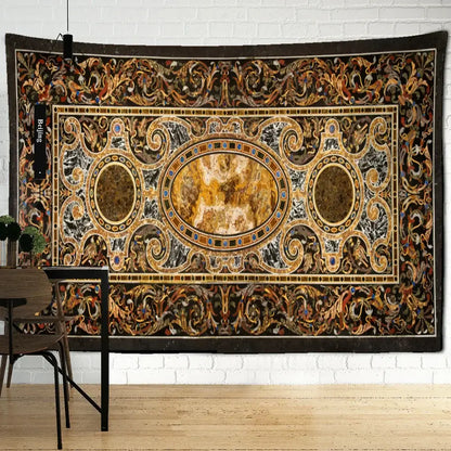 An ornate baroque black and gold style astrology tapestry wall hanging with intricate floral patterns and dark brown border