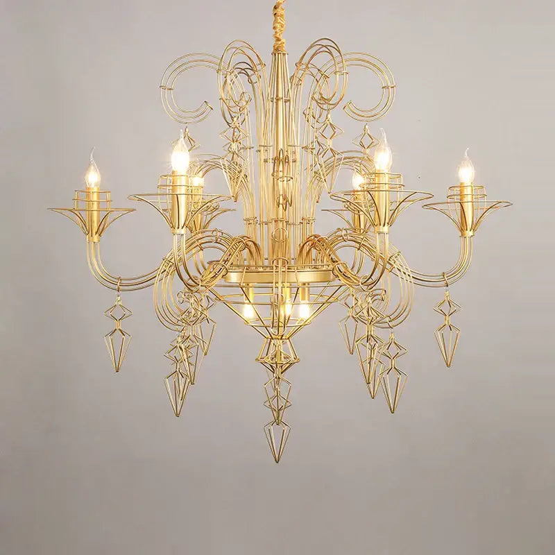Gold-toned metal designer hanging chandelier with intricate geometric wirework and candle-style bulbs by decorbites baroque designer