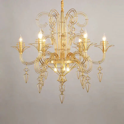 Gold-toned metal designer hanging chandelier with intricate geometric wirework and candle-style bulbs by decorbites baroque designer