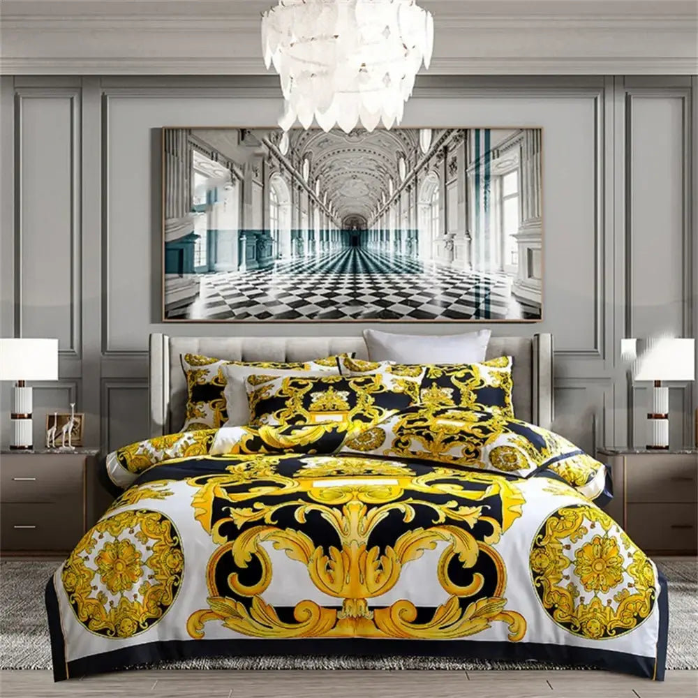 Luxury versace baroque navy and gold 1200tc golden egyptian cotton bedding set for elegant bedroom decorbites