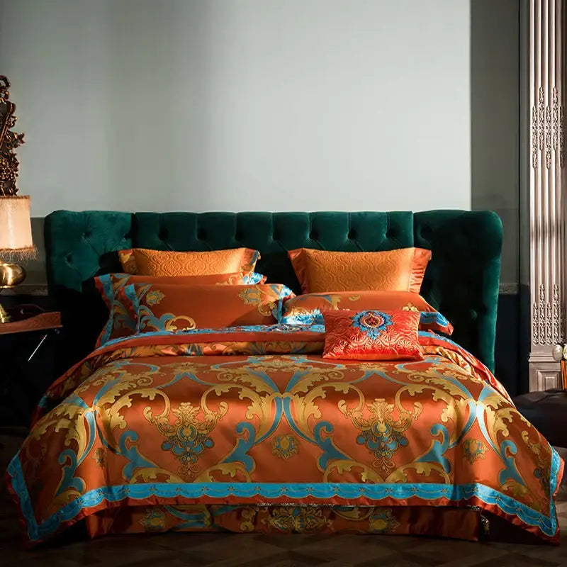Orchid-colored satin bedding set with gold and turquoise baroque patterns made of 200s embroidery cotton
