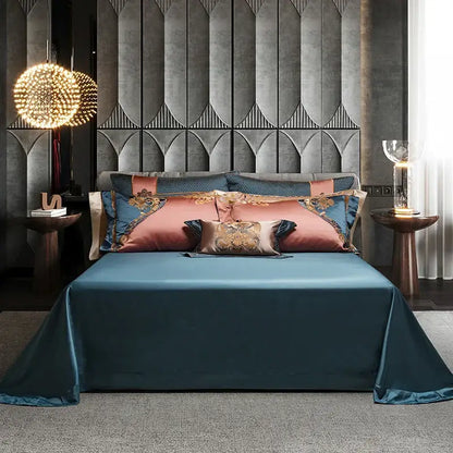 Teal satin 1500tc egyptian cotton bedding set with elegant draping and rose gold navy embroidered pillows