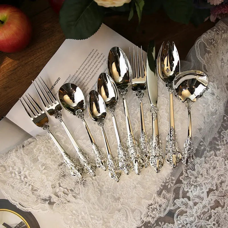 Silver-toned baroque silver cutlery set 10 pcs with ornate floral and scrollwork handles for elegant dining decorbites baroque silver