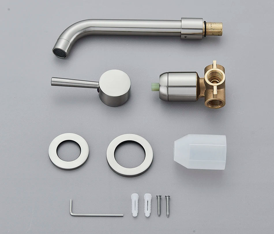 Stainless steel and brass basin faucet wall mounted bathroom kit with brushed brass finish and hot water control handle
