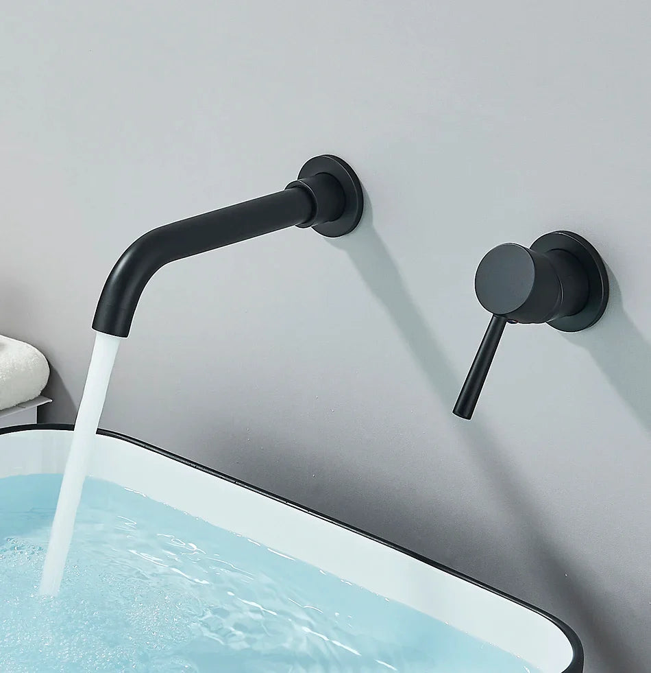 Black matte finish basin faucet wall mounted bathroom faucet with curved spout and separate hot water control handle