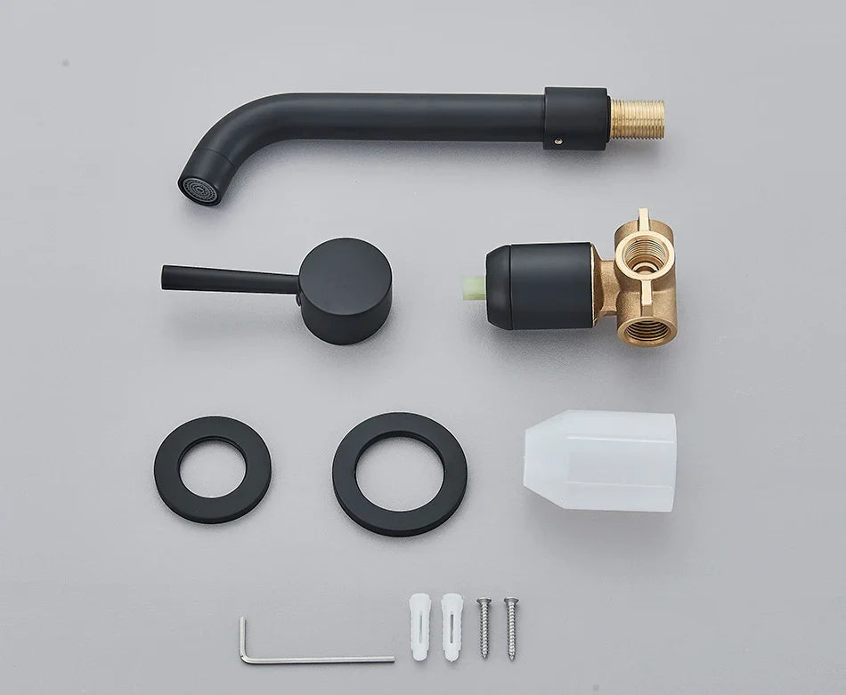 Black matte-finish basin faucet wall mounted bathroom kit with brushed brass finish and hot water control handle