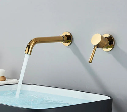 Gold-toned basin faucet wall mounted bathroom faucet with brushed brass finish and hot water control handle