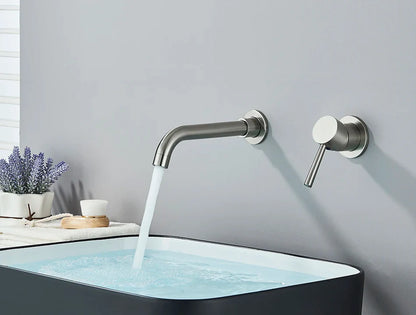Modern brushed stainless steel basin faucet wall mounted with sleek curved spout and separate hot water control handle