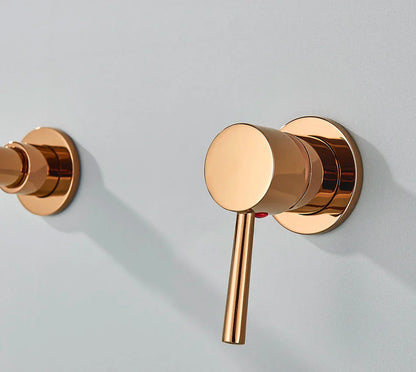 Rose gold finish basin faucet wall mounted bathroom with sleek cylindrical brushed brass finish handles for hot water control