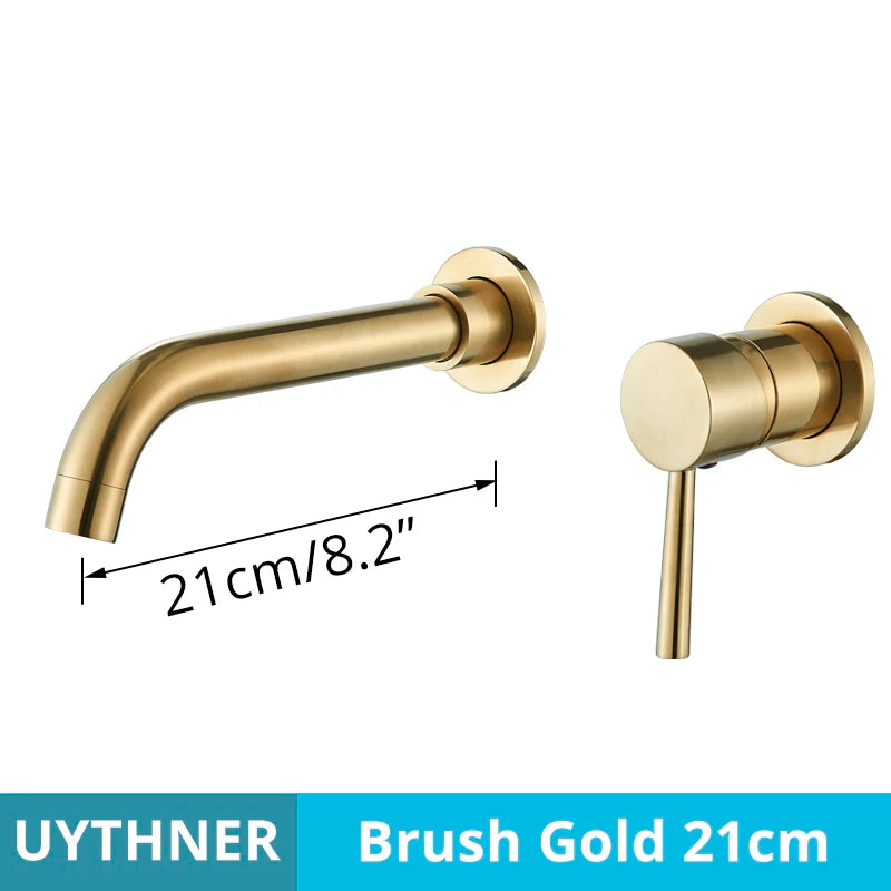 Basin faucet wall mounted bathroom set with brushed brass finish and 21cm cold hot water hot water control