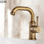Antique brass-finished single hole basin faucet with cylindrical housing material and cold water mixer tap for bathroom use