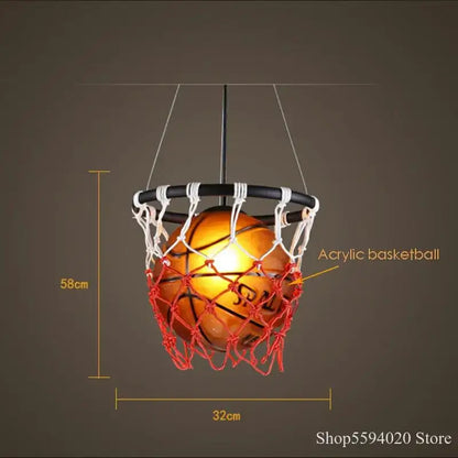 Basketball pendant lights featuring a glowing orange acrylic basketball with red and white netting for bedroom decorbites pendant lights