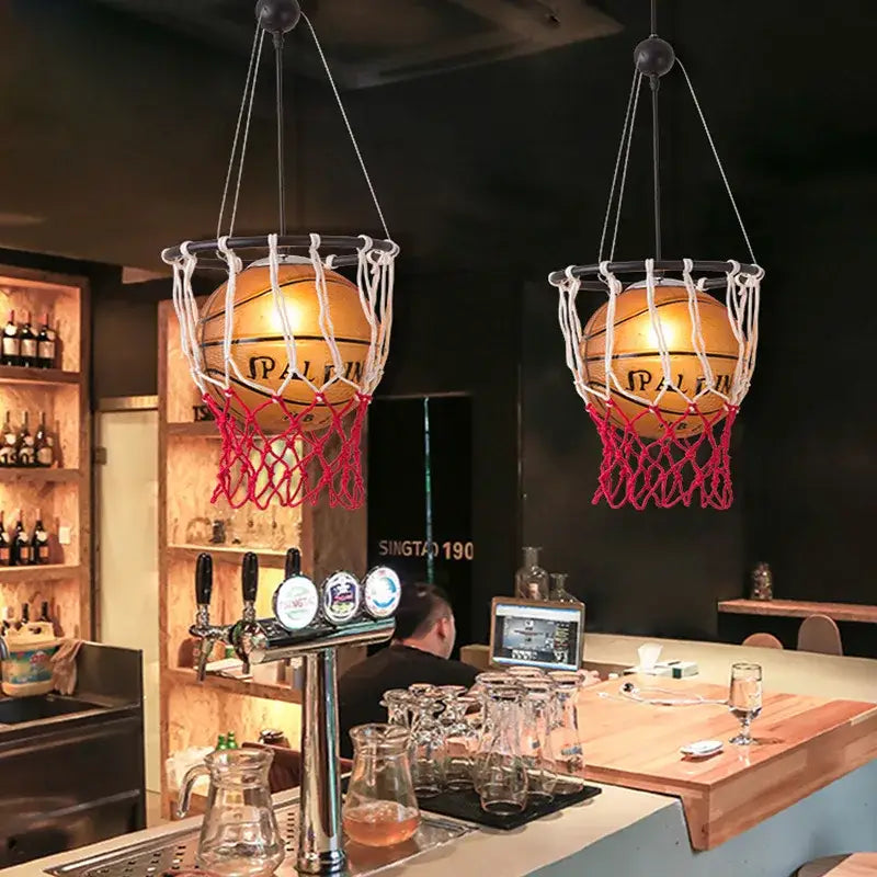 Golden spalding basketball style pendant light with orange and white hoops suspended in red netting for kids bedroom decorbites basketball style lamp
