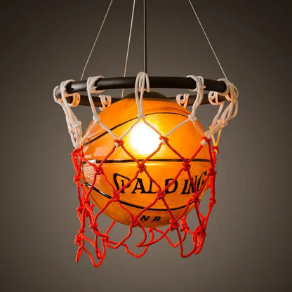 Orange Spalding NBA basketball style pendant light with black rim and red white net for kids bedroom decorbites basketball style lamp