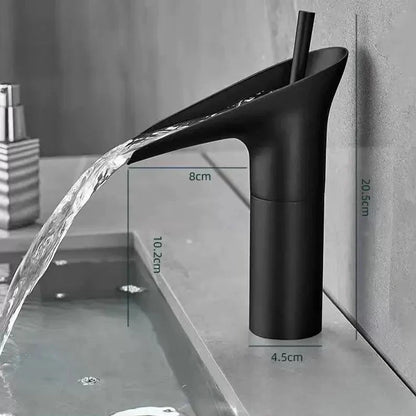 Black matte finish deck mounted bathroom faucet with sleek waterfall design and metered valve control