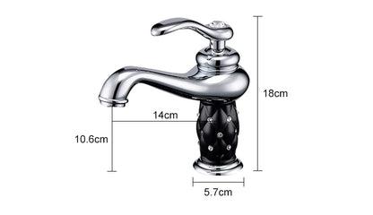 Chrome-finished single-handle bathroom faucet with black diamond base and curved spout in bronze finish