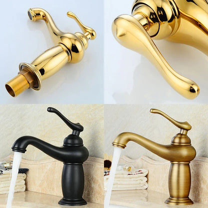 Gold and black vintage-style bathroom faucets with a polished bronze finish and metallic accents for antique design