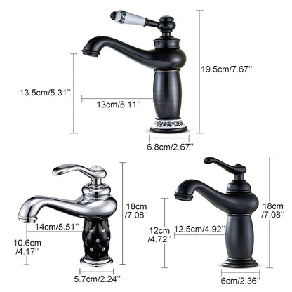Black matte bathroom faucet with ornate white ceramic handle and decorative base in antique bronze finish