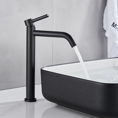 Black matte-finish modern bathroom faucet with tall slender spout and handle designed as a brushed gold mixer tap