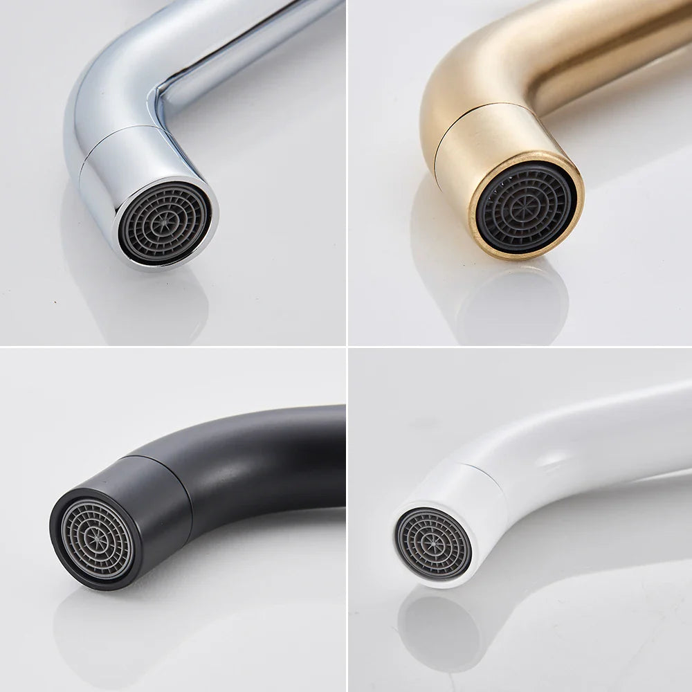 Modern bathroom faucet brushed gold mixer tap with sleek curved design and matte finish in chrome gold black or white