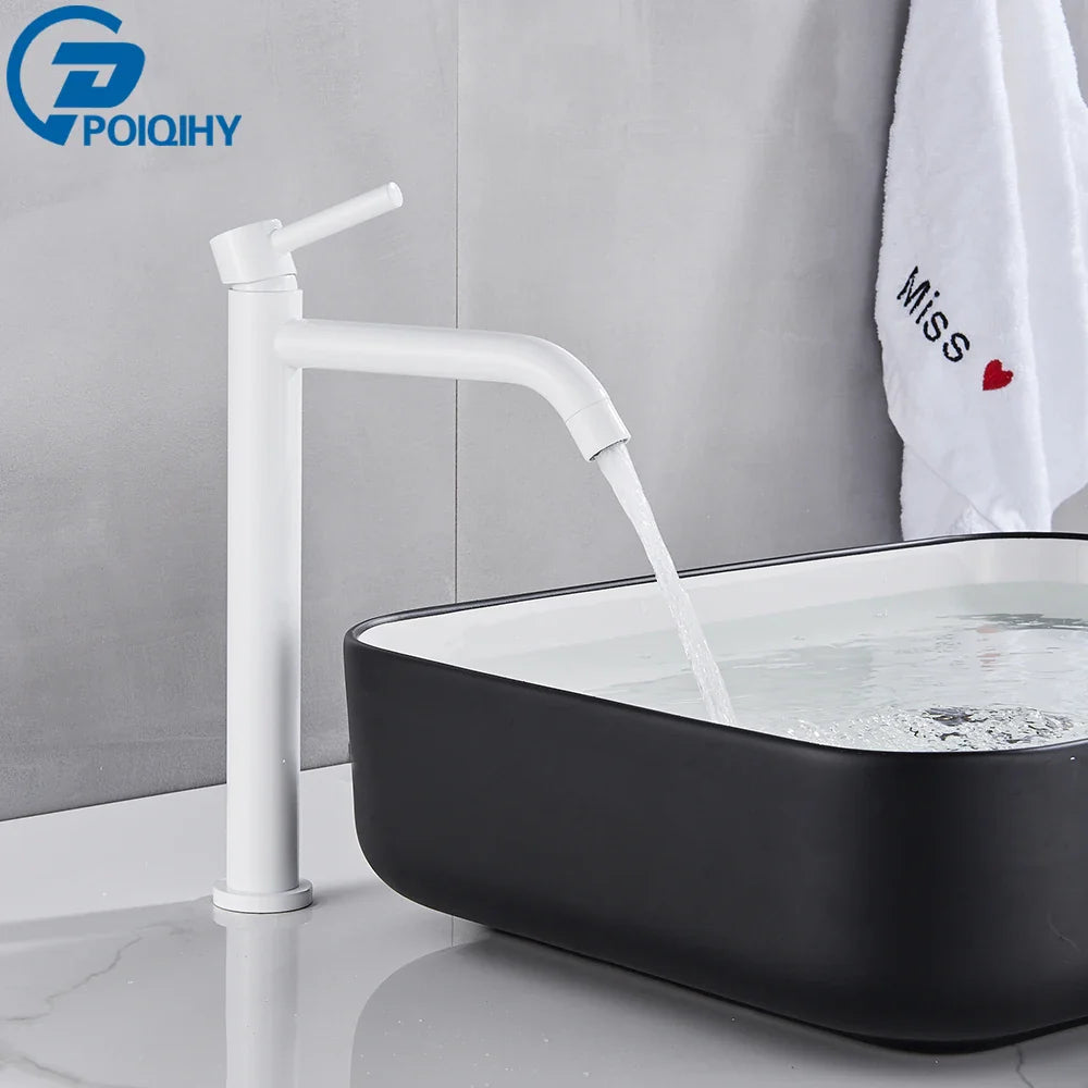 White matte-finish single-handle bathroom faucet with sleek modern design in brushed gold mixer tap style