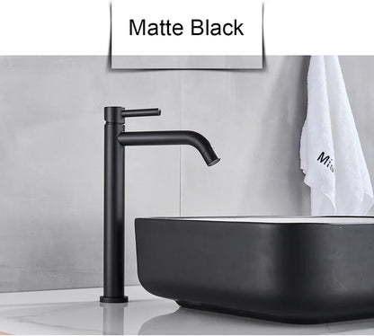 Matte black modern bathroom faucet with sleek minimalist design and brushed gold mixer tap finish