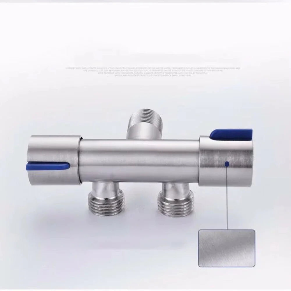 Bathroom faucet double handle stainless steel with blue plastic lever handles and threaded connections visible from back side