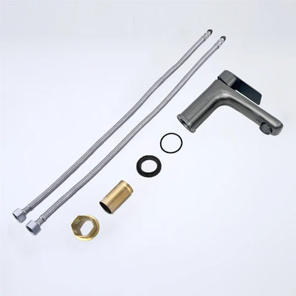 Modern matte black bathroom faucet stainless steel mixer tap with sleek angular design and chrome accents for deck-mounted installation