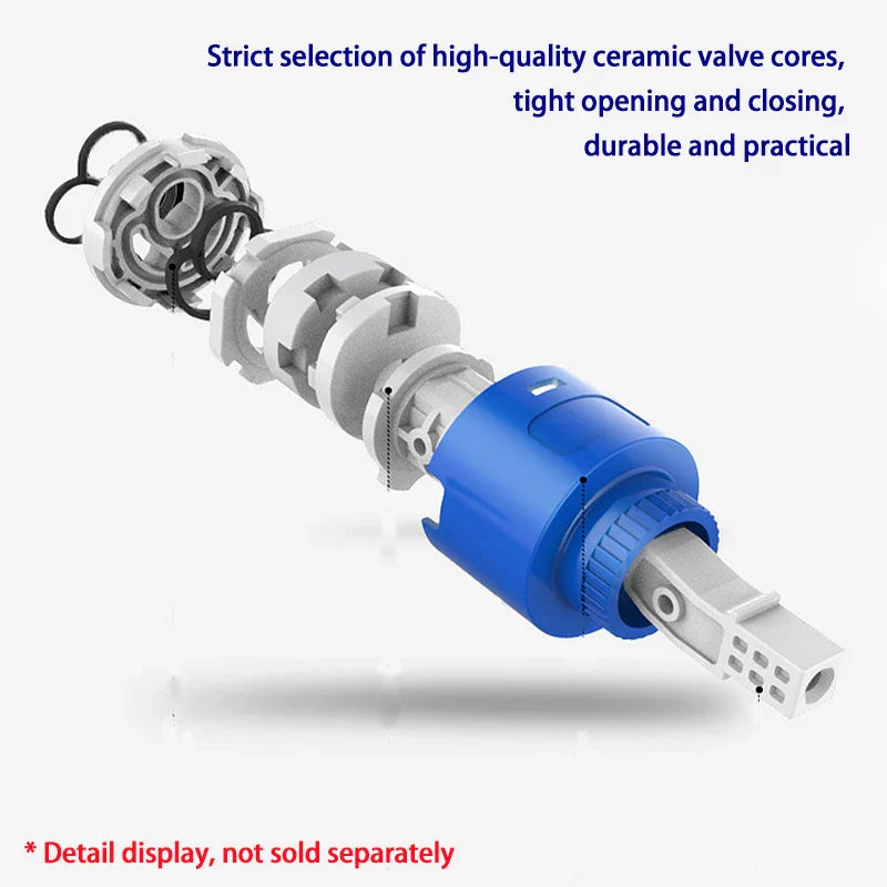 Blue and white ceramic valve core assembly with blue plastic housing for stainless steel bathroom faucet deck-mounted installation