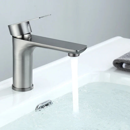 Modern brushed nickel stainless steel bathroom faucet with single-handle and deck-mounted installation design