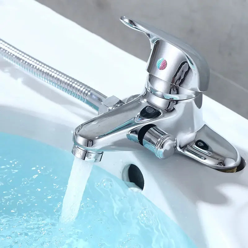 Deck mounted chrome finished single-handle bathroom mixer faucet with flexible hose for washbasin and shower use