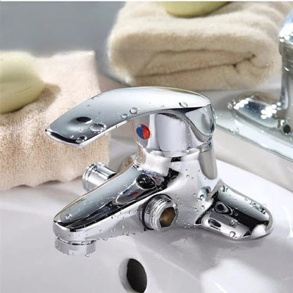 Chrome finish deck mounted single-handle bathroom mixer faucet with red and blue temperature indicator for washbasin