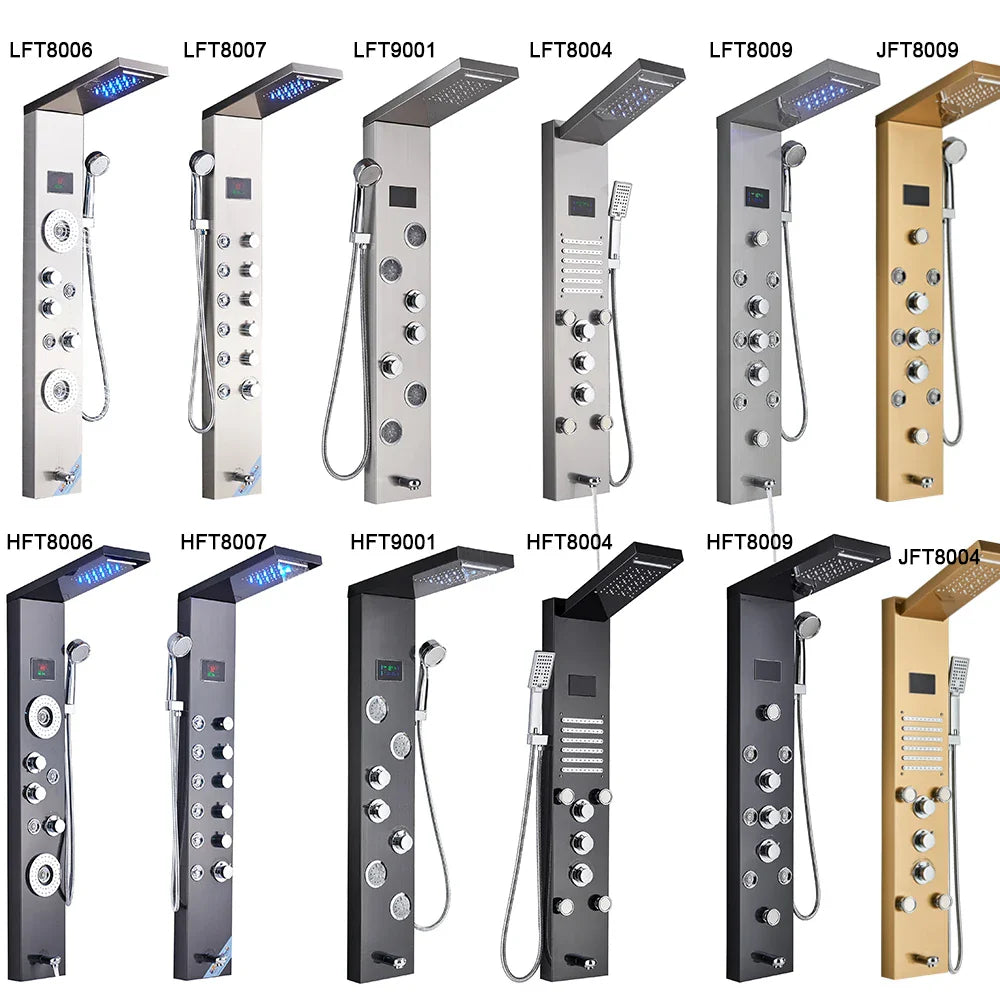 Modern chrome and gold-finished bathroom shower panel set with multiple spray heads control knobs and digital displays