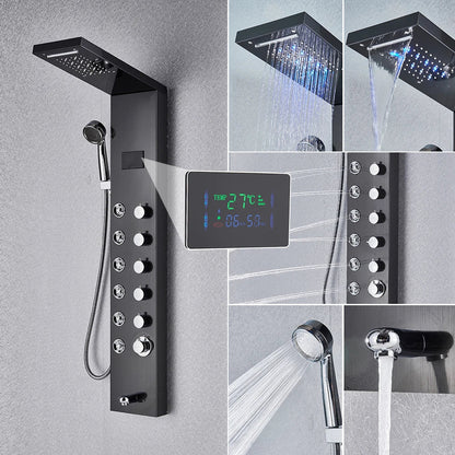 Black modern bathroom shower panel set with digital display and multiple spray settings for enhanced shower experience