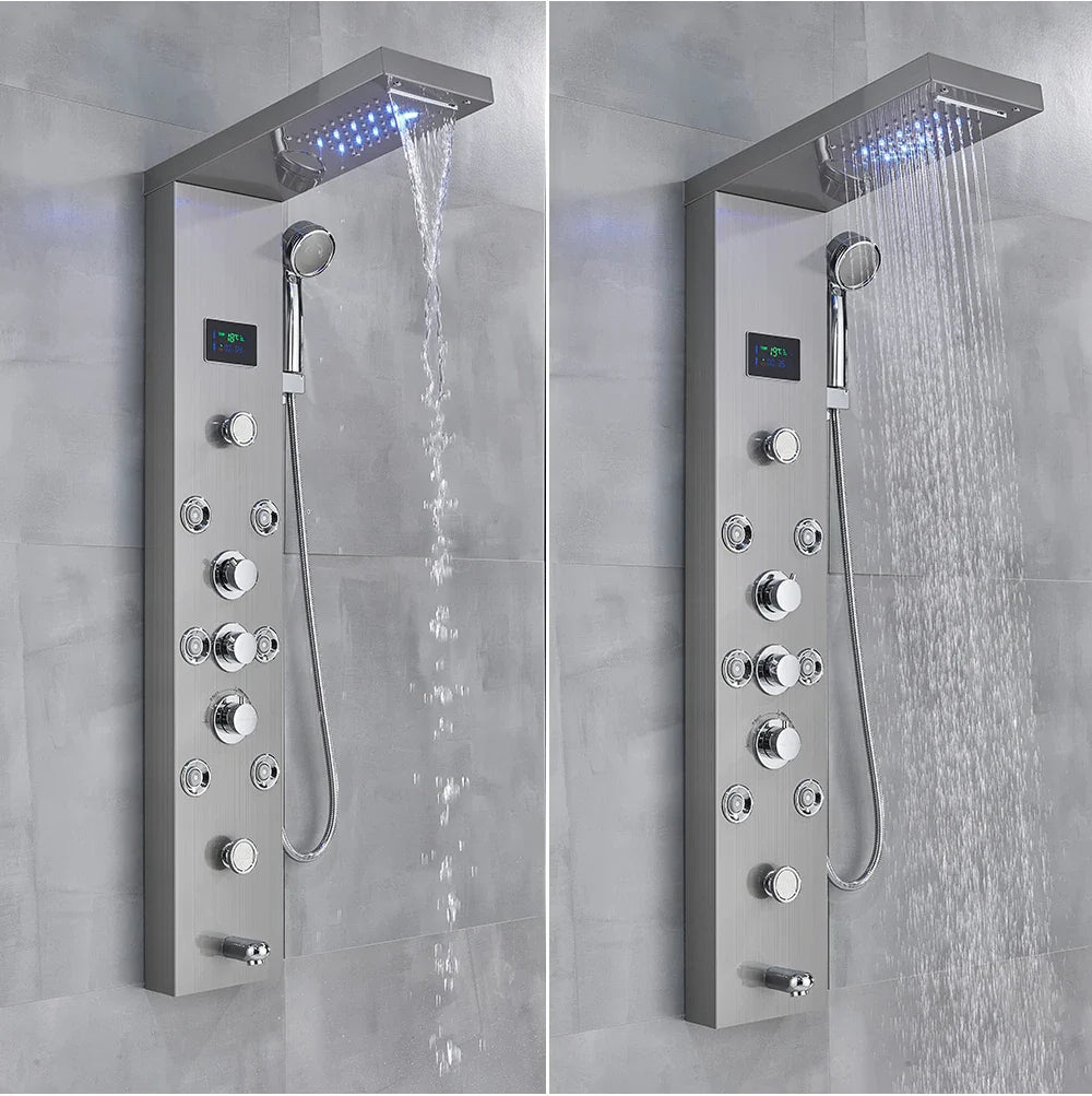Modern chrome-finished bathroom shower panel set led with rectangular rain shower head and multiple control knobs